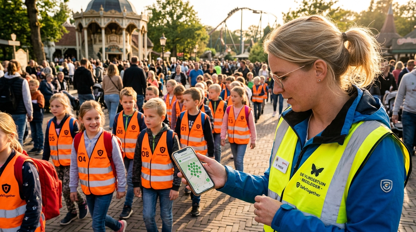 Begeleider met SafeTogether app tijdens schoolreis